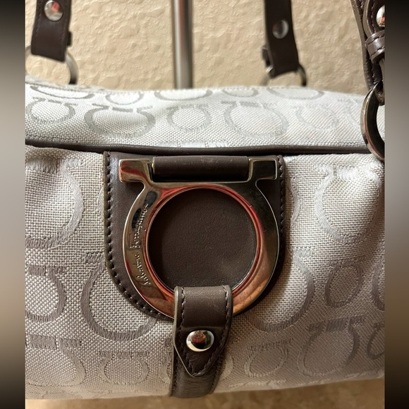 Salvatore Ferragamo AU-21 6841 Gray Signature Logo Canvas Satchel Leather - Picture 7 of 15